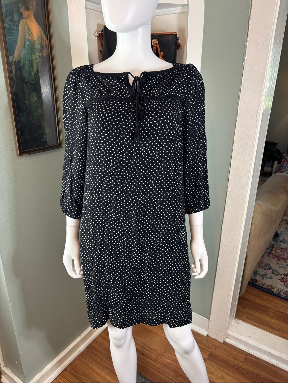 APC Paris Fleck Polka Dot Dotted Mini Shift Dress Tie Neck Crinkle Sz 38 / US 6